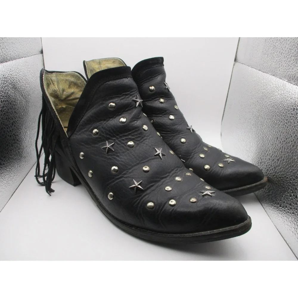 Black‎ Leather Star Studded Pointed Toe Ankle Boots Leopard Print Lining Womens